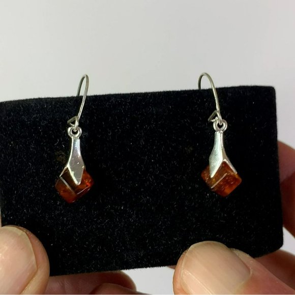 Sterling Silver 925 Women's Amber Drop Dangle Cube Shape Earrings - Picture 12 of 13